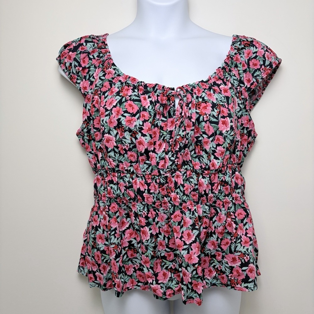Old Navy Women Top 2XL Tall Tie Front Smocked Floral Spring Peasant Coquette
